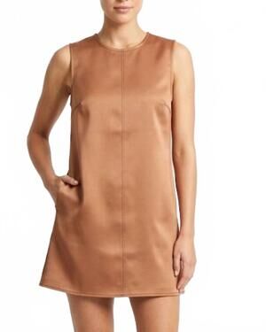 NEW STRUT & BOLT contrast stitch satin mini dress in tan